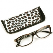 Animal Print Clear Lens Reading Glasses Eyeglasses Pouch Case Black Brown + 2.00