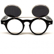 Flip up Round Vintage Wayfarer Retro Sunglasses Unisex W83 (Reg Black / Gold, Uv400)