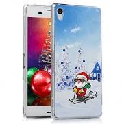 (Not for Z3 Verizon)Sony Z3 Case,Mavis's Diary 3D Handmade Christmas Series 3D Relief Painted Cool Skiing Santa Pattern with Bling Sparkle Blue Diamond Rhinestone Clear Hard Case for Sony Xperia Z3